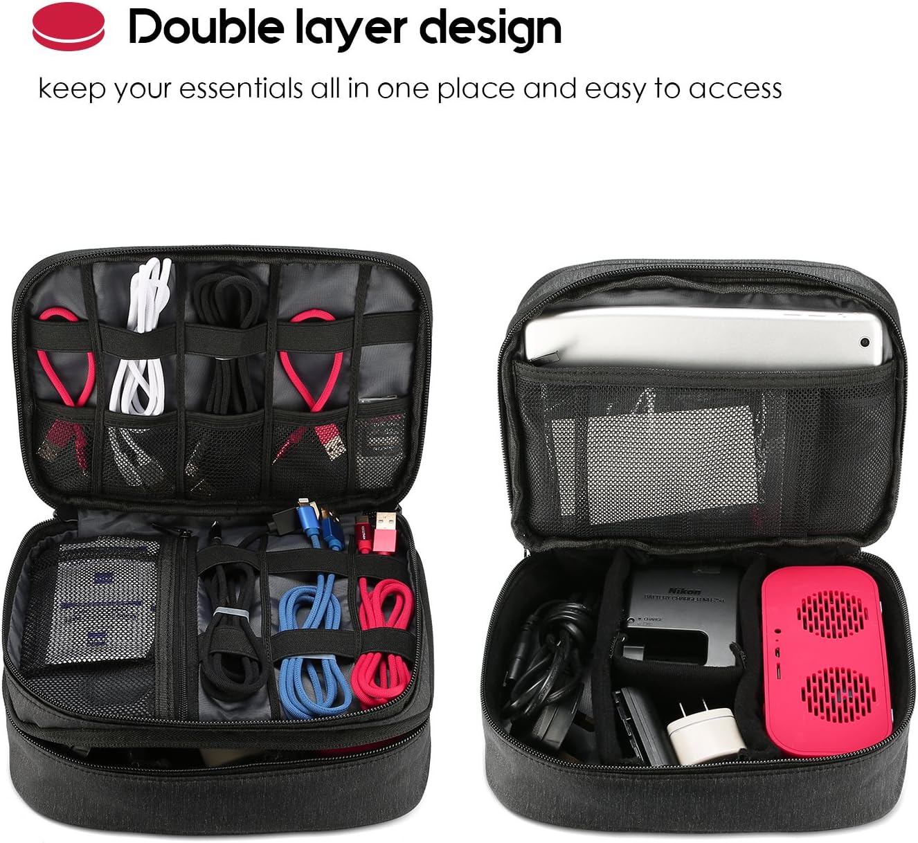 ProCase Electronics Travel Organizer Storage Bag, Double Layer Universal Travel Gear Accessory Carrying Case Bag