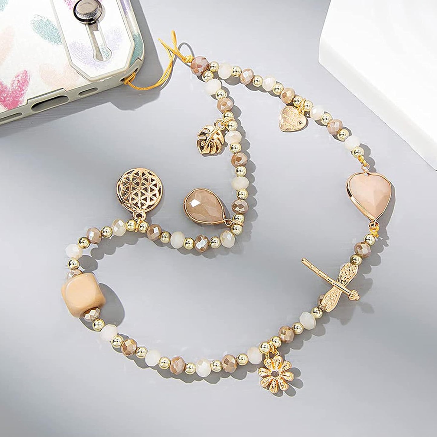 Beige crystal mobile phone chain 3