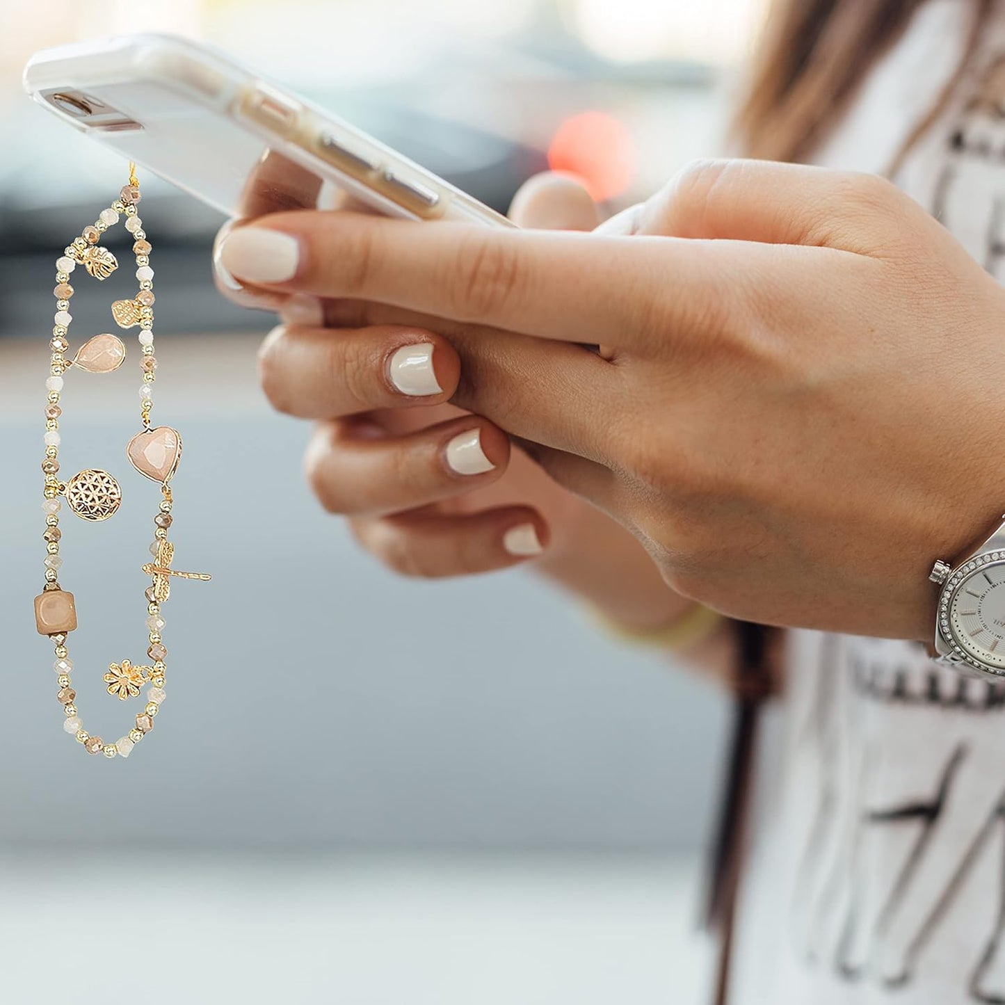 Beige crystal mobile phone chain 6