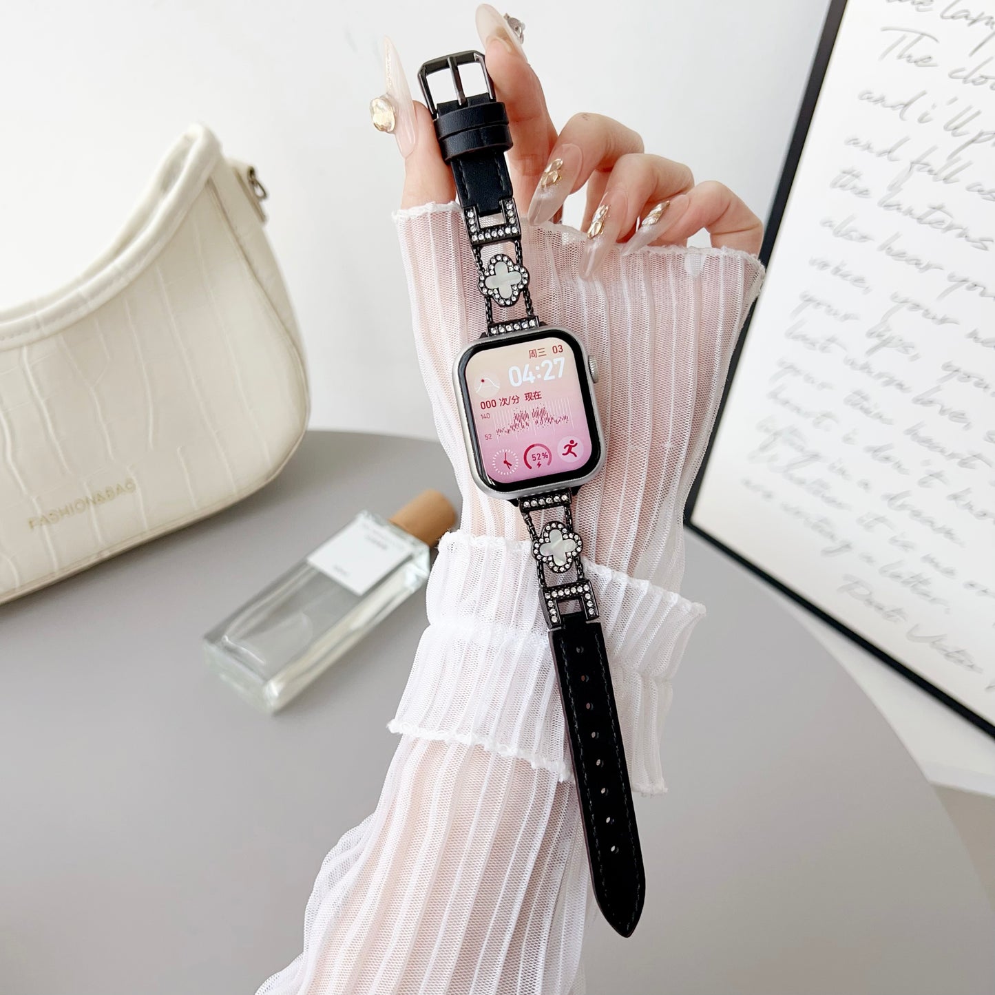 Black Four-leaf clover with plain leather strap