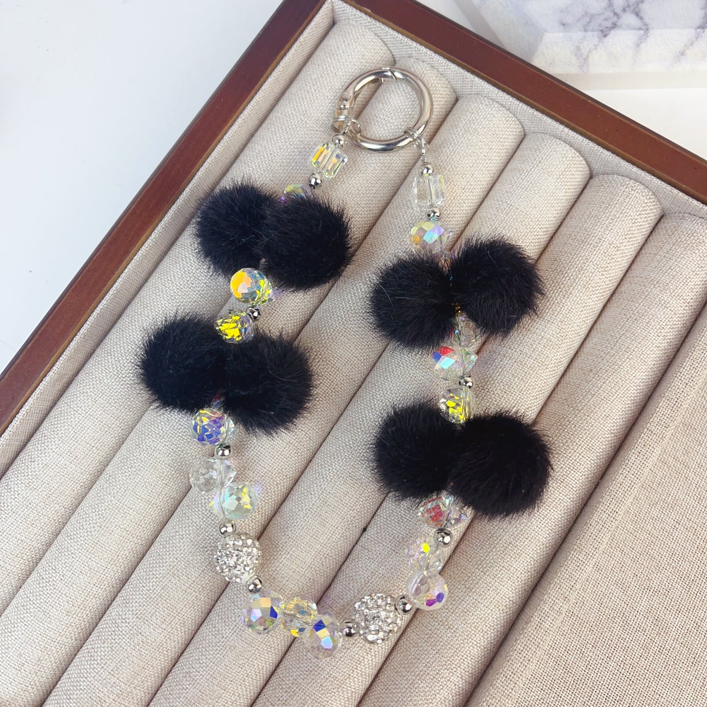 Black Fur Ball Crystal Phone Strap