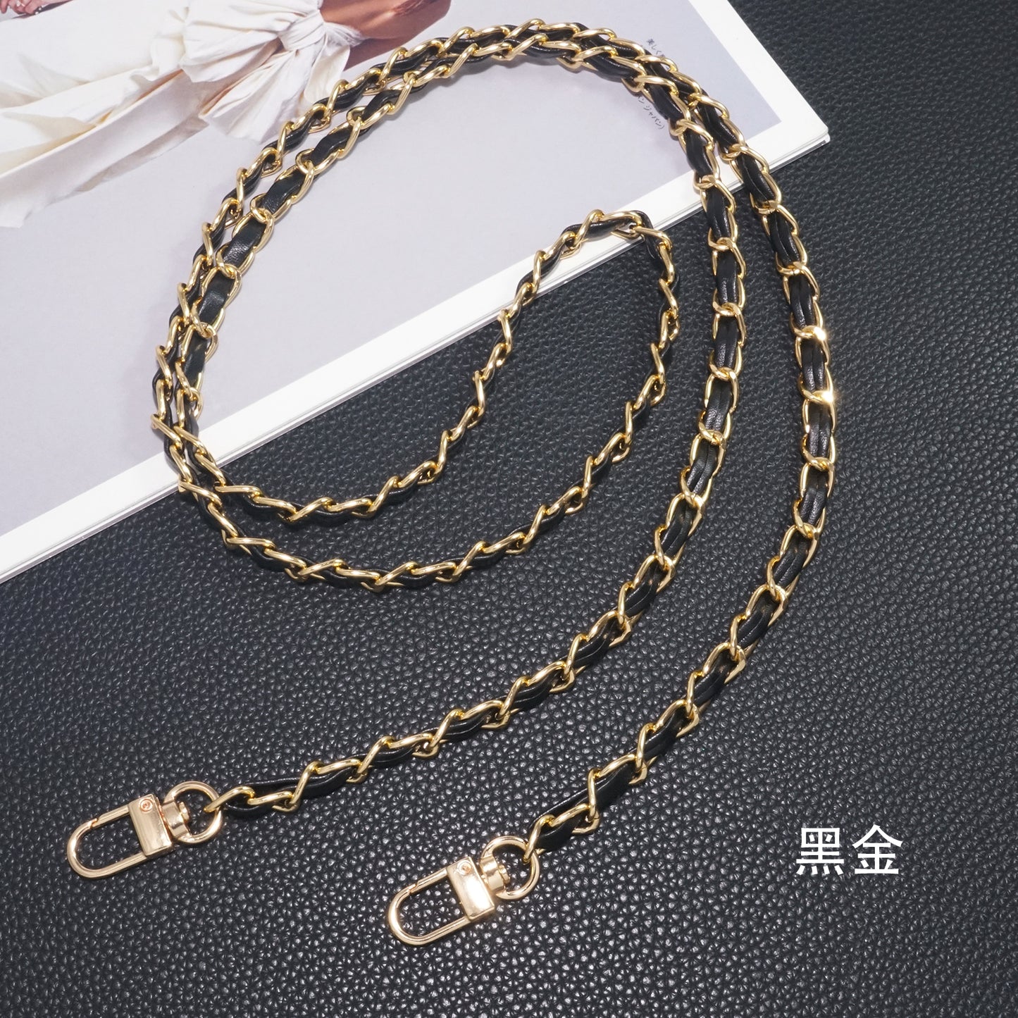 Black and gold Chanel style mobile phone crossbody lanyard