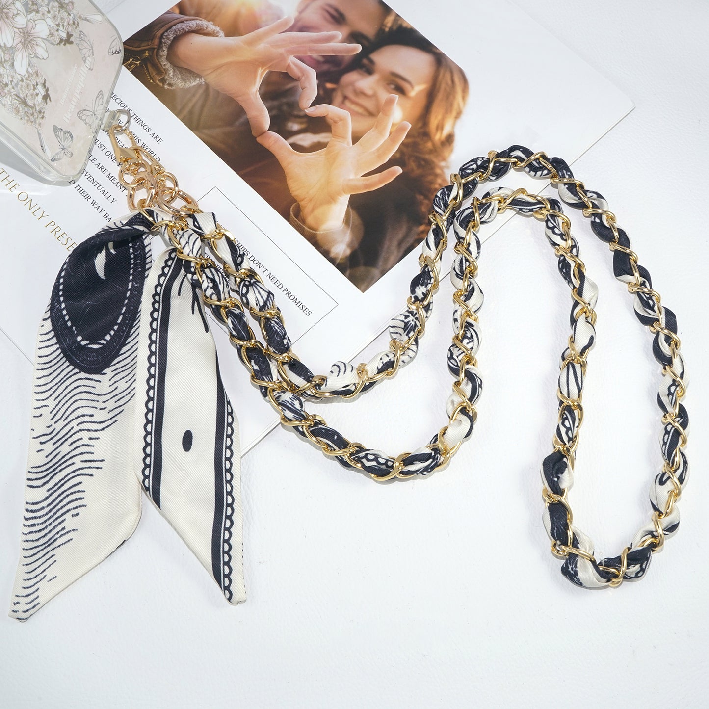 Black and white scarf chain mobile phone crossbody