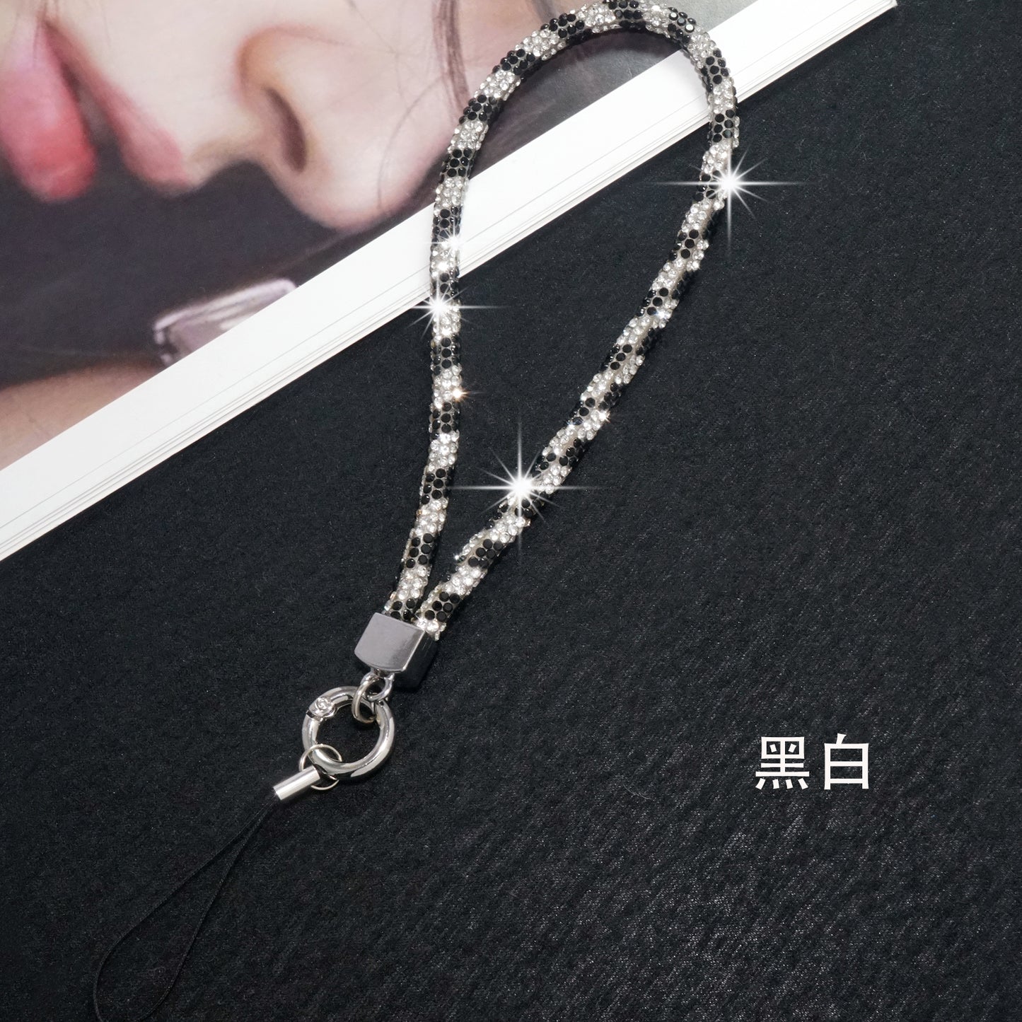 Black and white short full diamond mobile phone lanyard