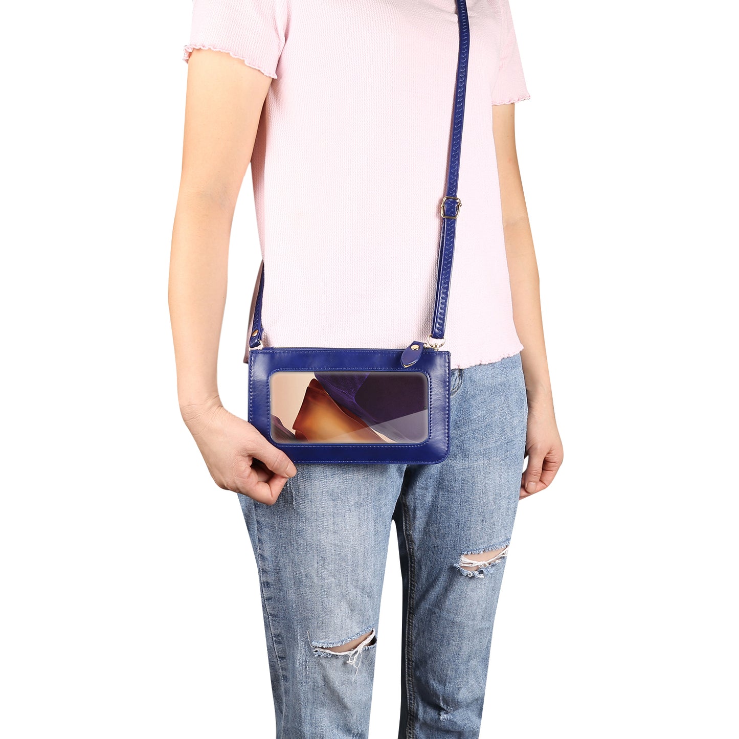 Blue Crazy Horse Pattern Full Touch Wallet Handheld Fashion Crossbody Phone Bag