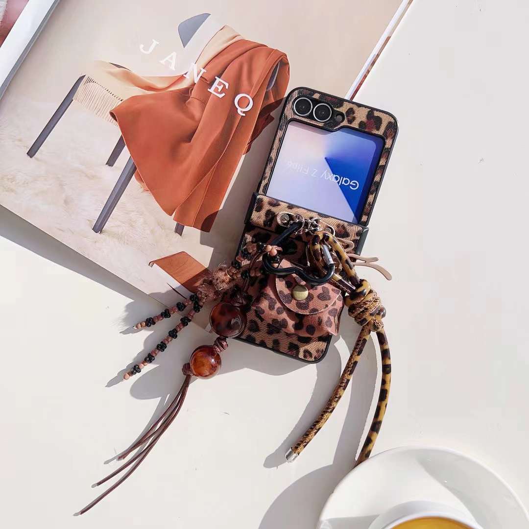 Coffee color Samsung zflip folding leopard print mobile phone case 2