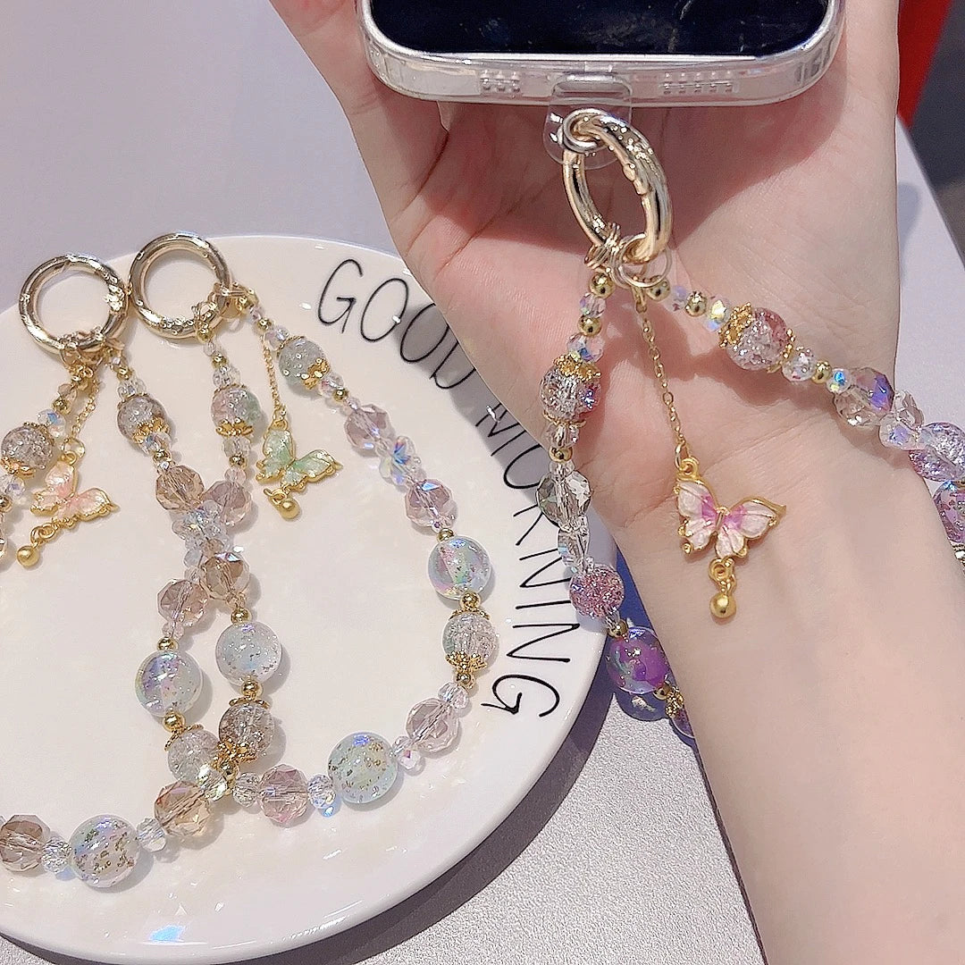 Colorful transparent beads metal ring butterfly mobile phone lanyard 1