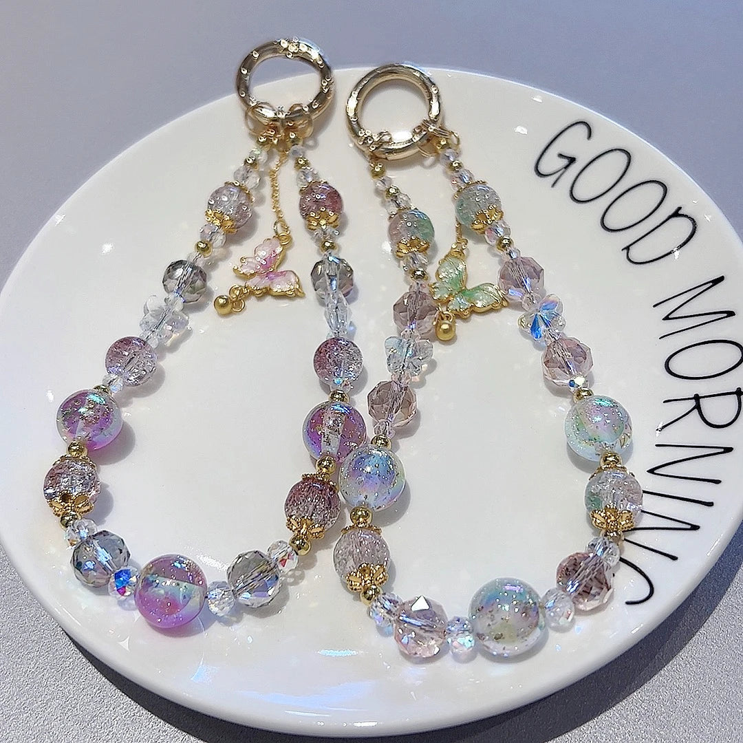Colorful transparent beads metal ring butterfly mobile phone lanyard 2