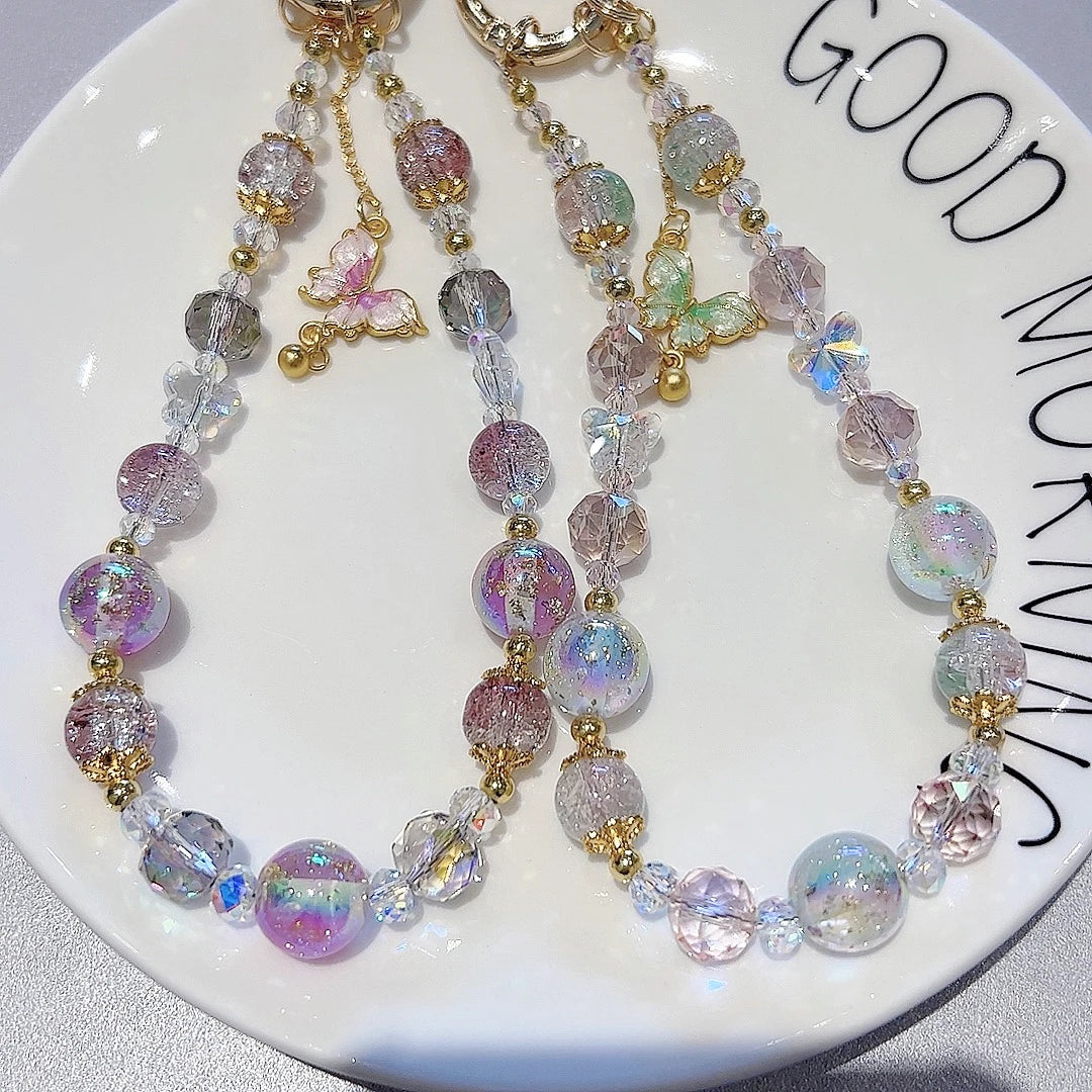 Colorful transparent beads metal ring butterfly mobile phone lanyard 3