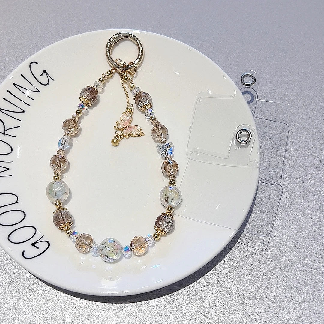 Colorful transparent beads metal ring butterfly mobile phone lanyard 5