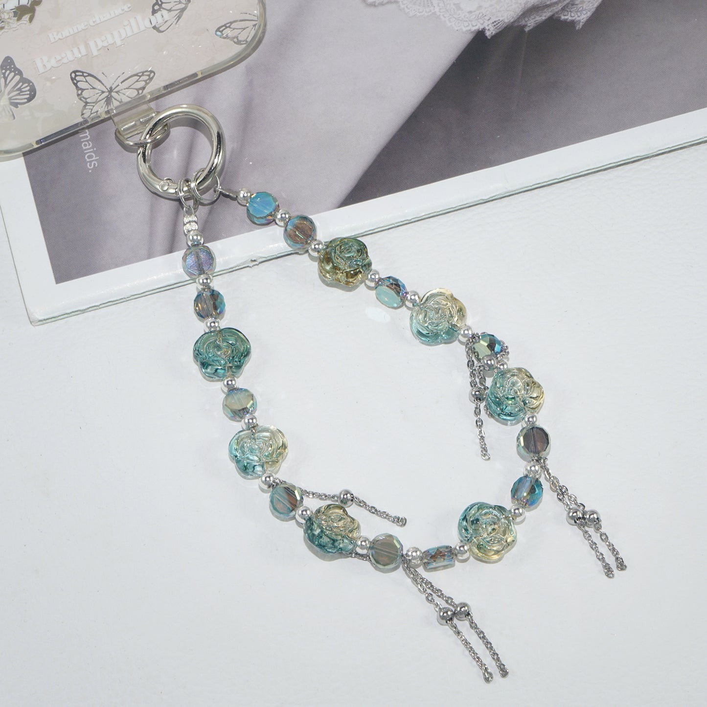 Crystal Green Rose Tassel Bracelet