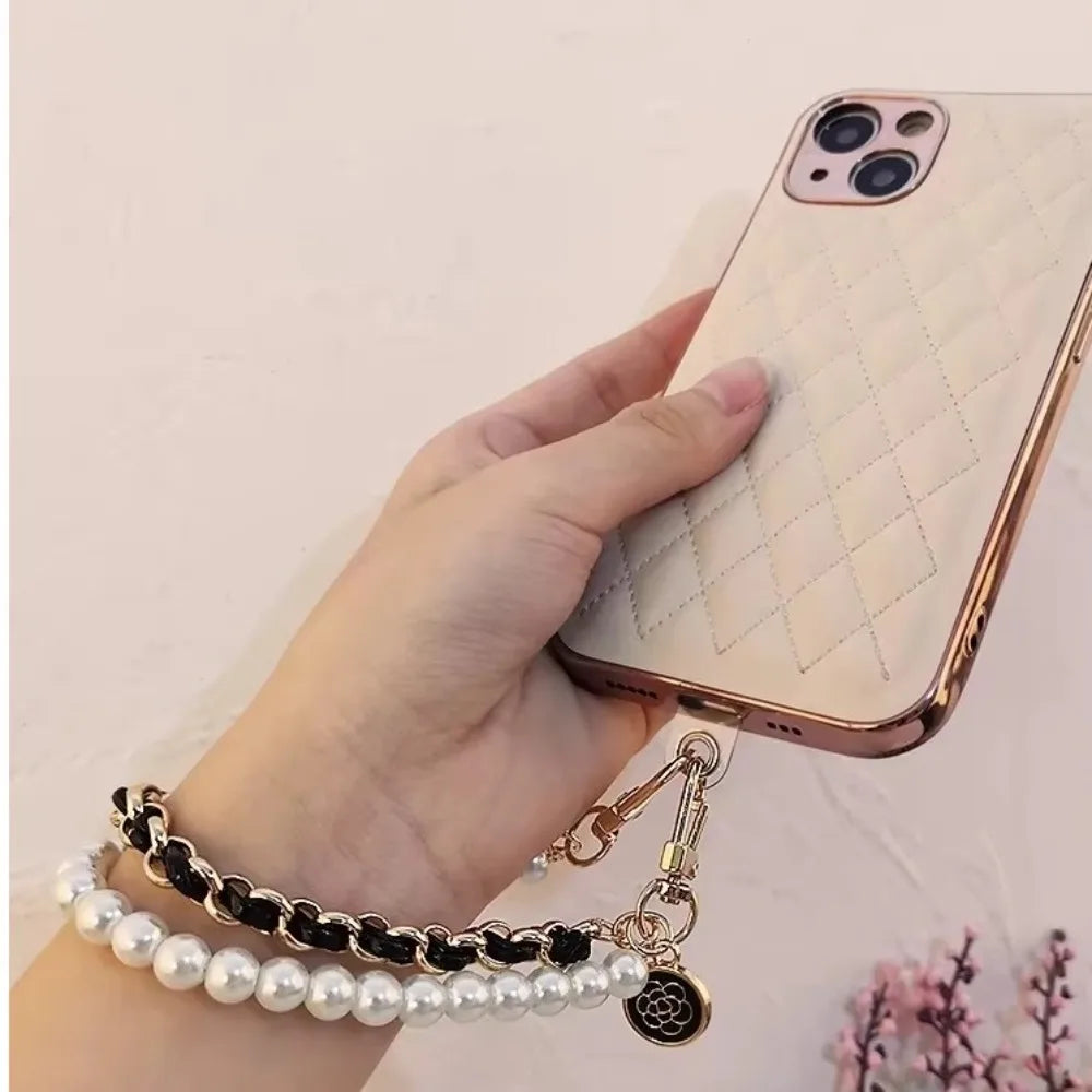 Leather Pearl Camellia Phone Strap 4