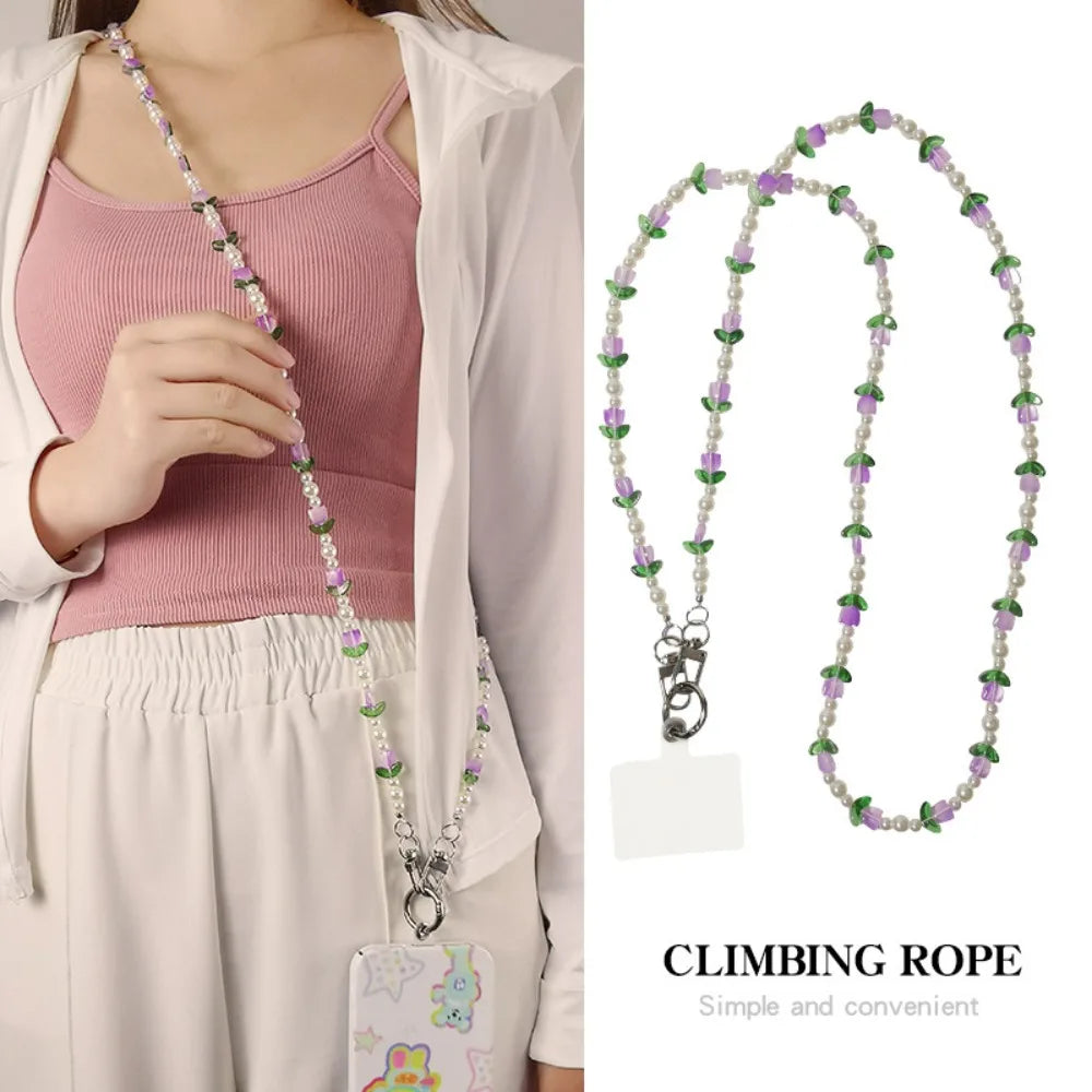 Long sweet and cool round beaded crossbody mobile phone anti-lost lanyard 1