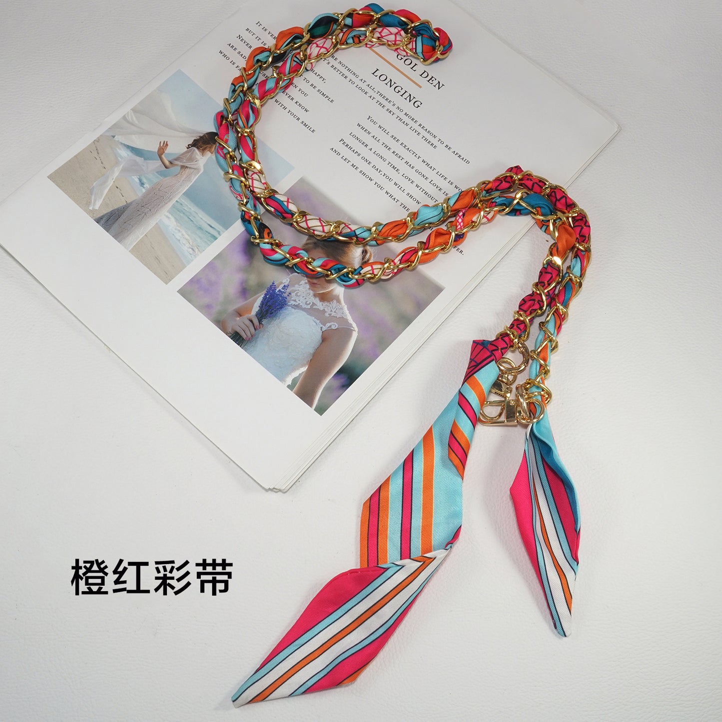 Orange and red ribbon scarf chain mobile phone crossbody