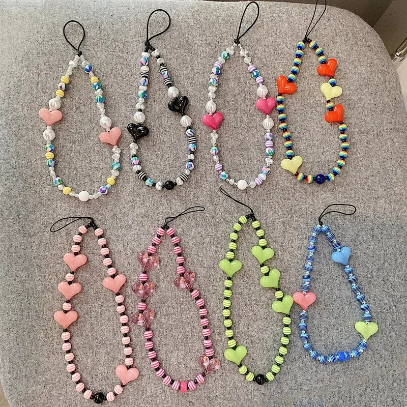 Pearl Beaded Heart Shape Beaded Mobile Phone Charm Keychain 1