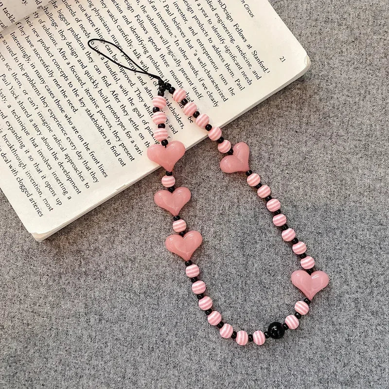 Pearl Beaded Heart Shape Beaded Mobile Phone Charm Keychain 5