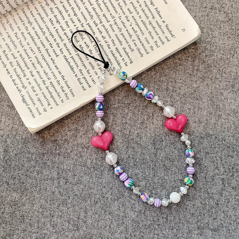 Pearl Beaded Heart Shape Beaded Mobile Phone Charm Keychain 6
