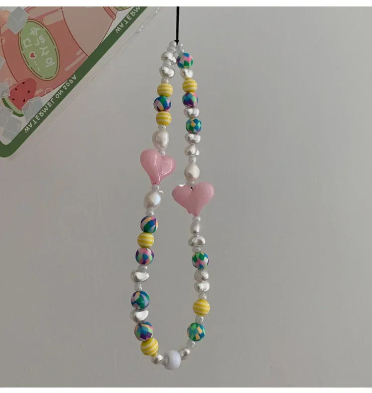 Pearl Beaded Heart Shape Beaded Mobile Phone Charm Keychain 7