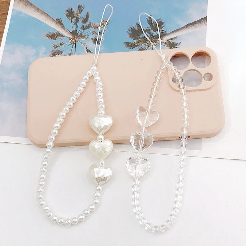 Pearl crystal heart beaded mobile phone chain 1