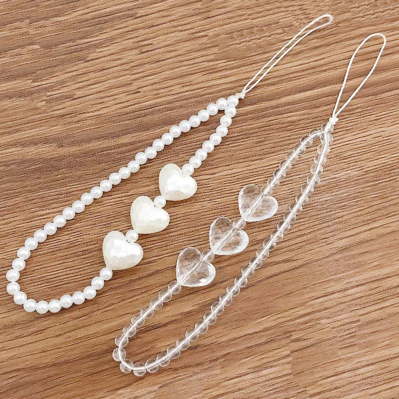 Pearl crystal heart beaded mobile phone chain 3