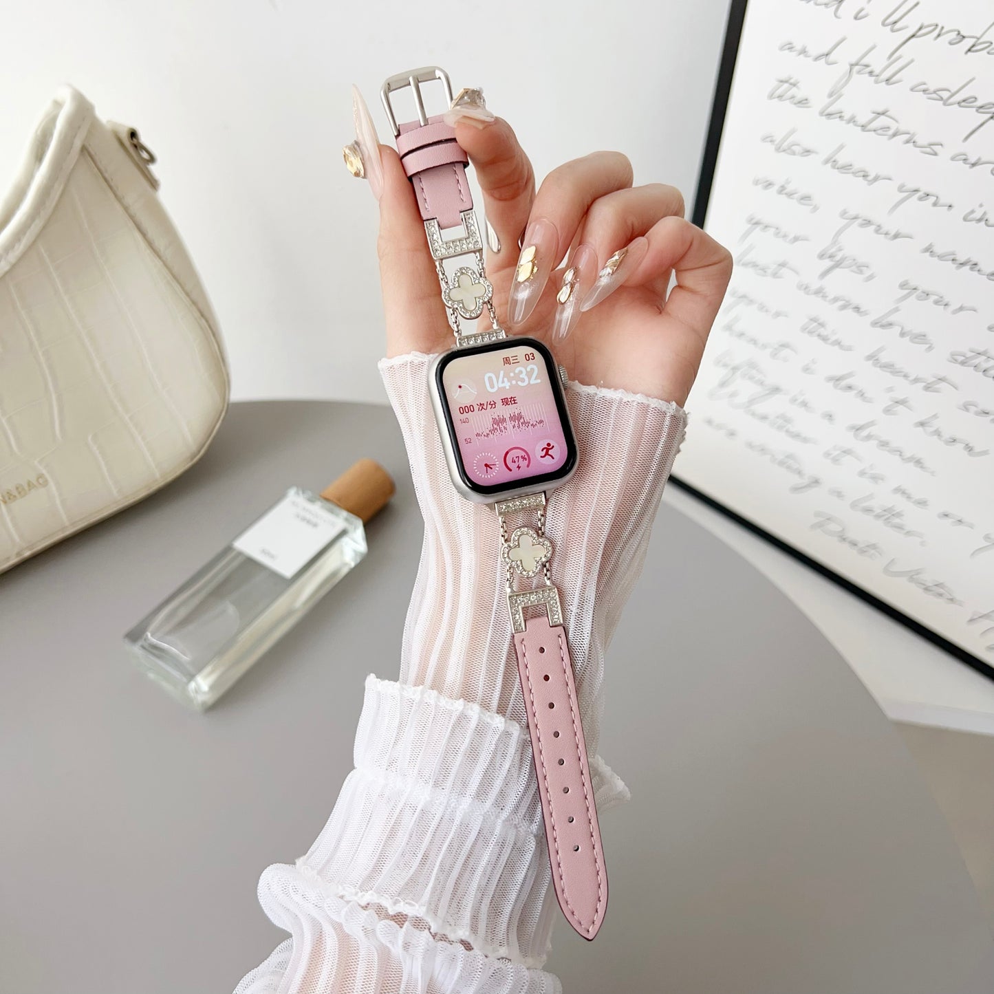 Pink Four-leaf clover with plain leather strap