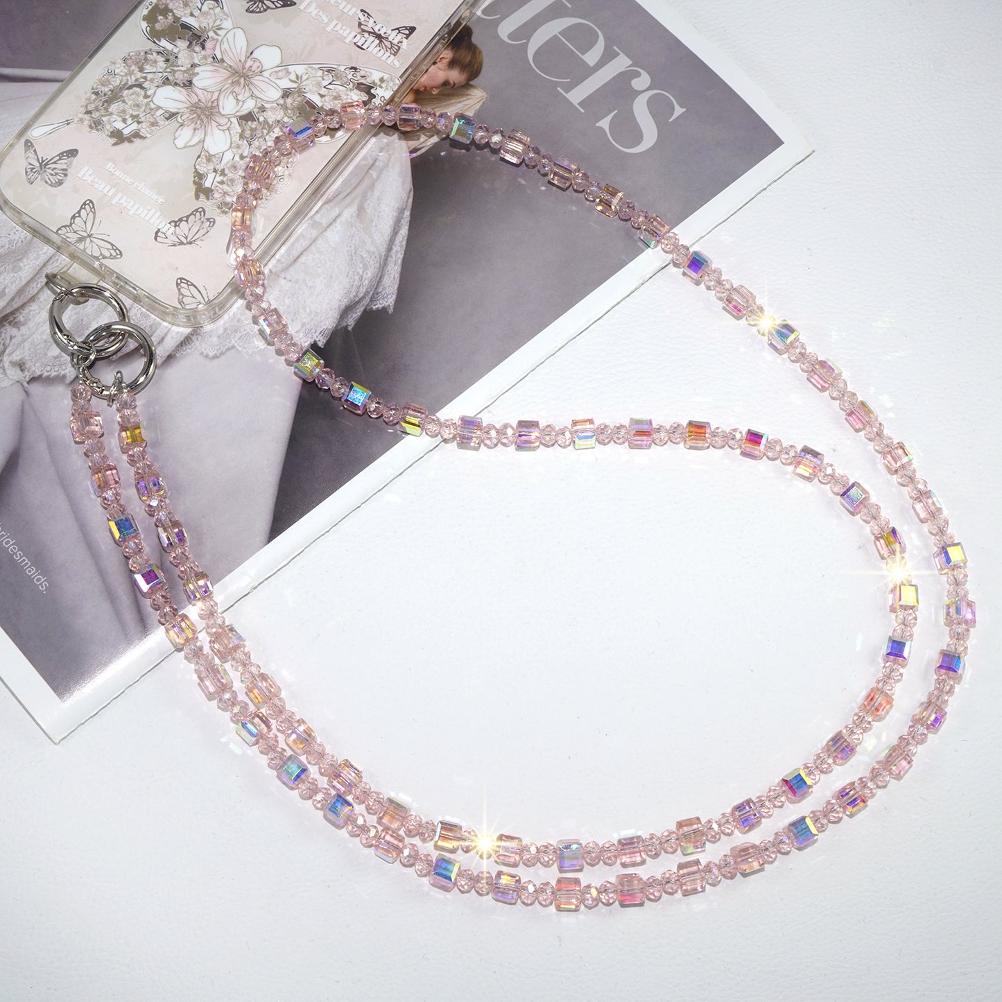 Pink Sugar Cube Crystal Crossbody Phone Strap
