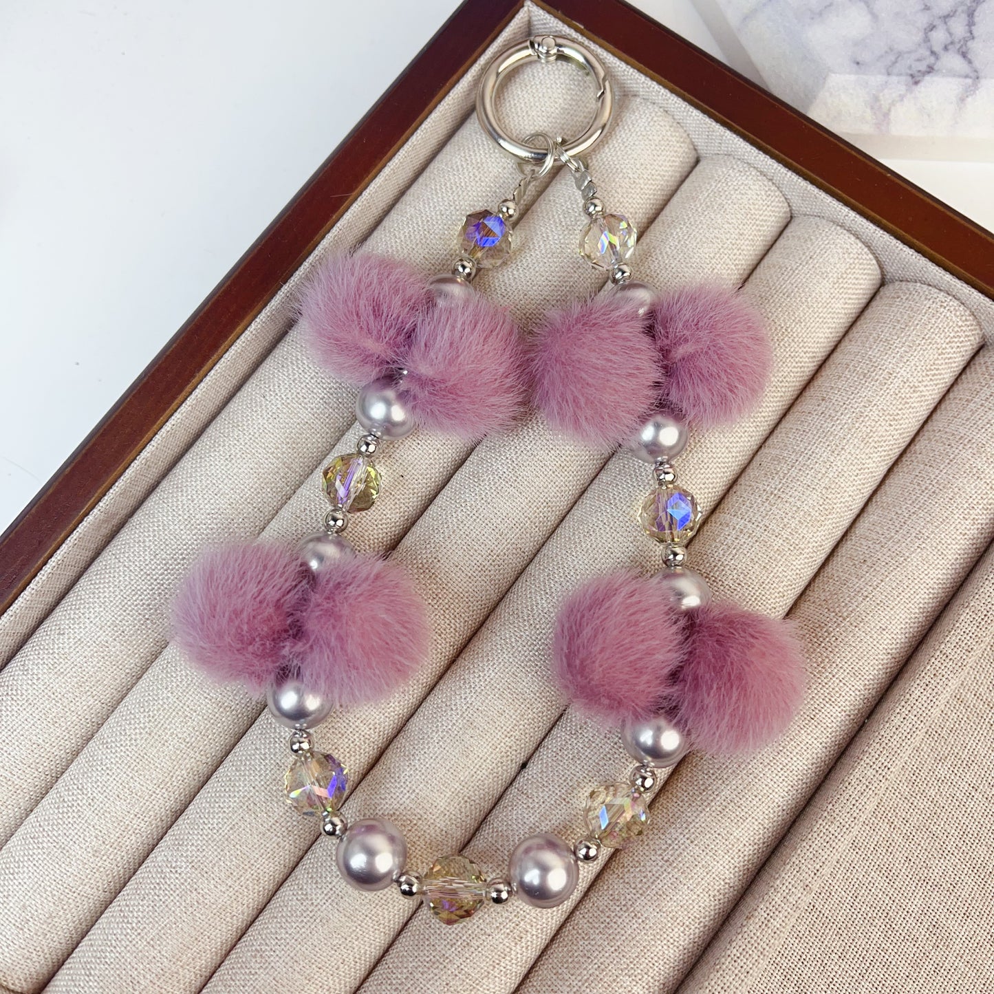 Pink and purple fur ball crystal mobile phone lanyard