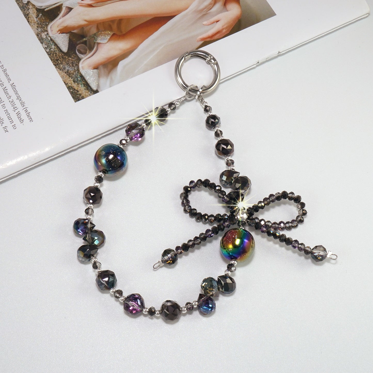 Purple and black starry bowcrystal mobile phone chain