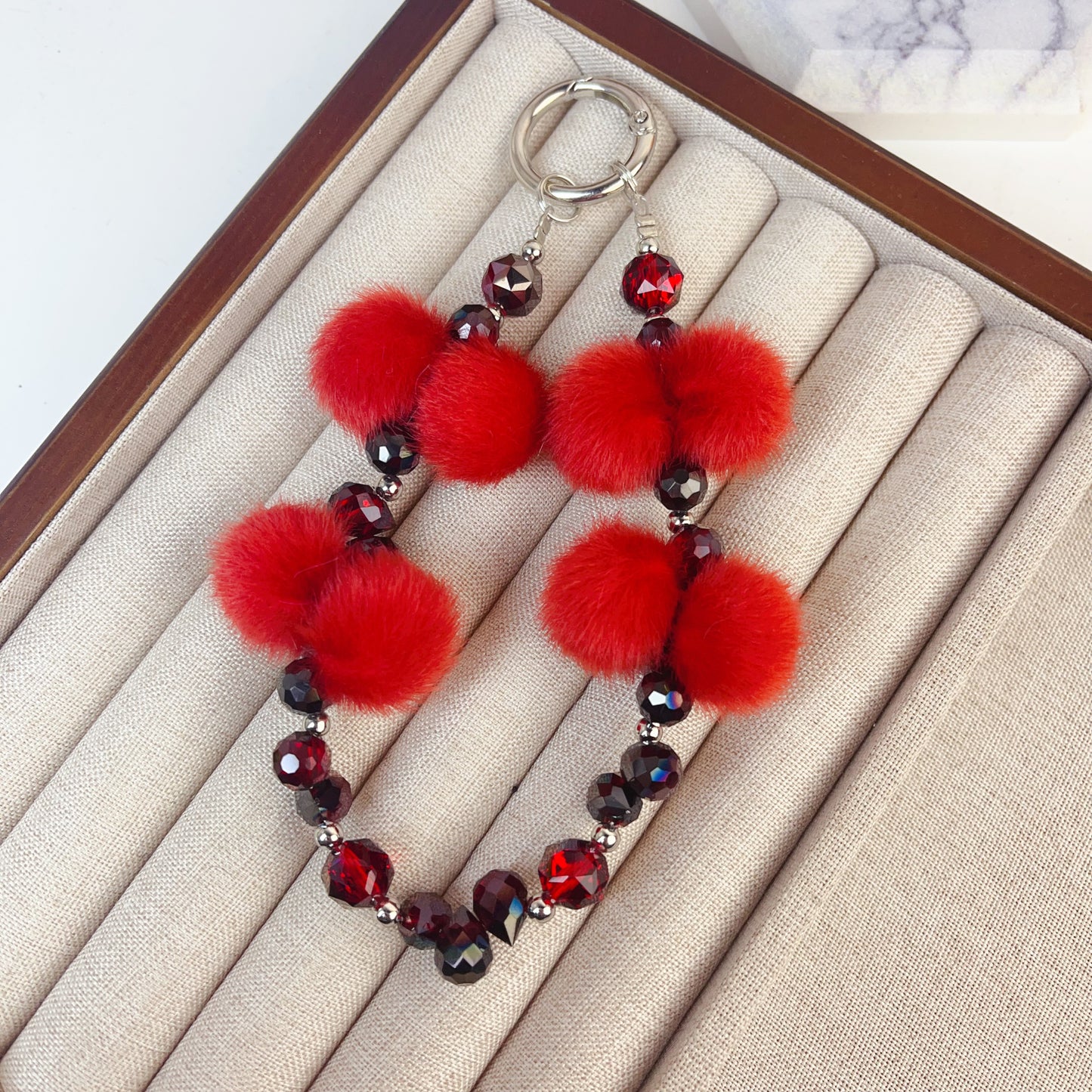 Red Fur Ball Crystal Phone Strap