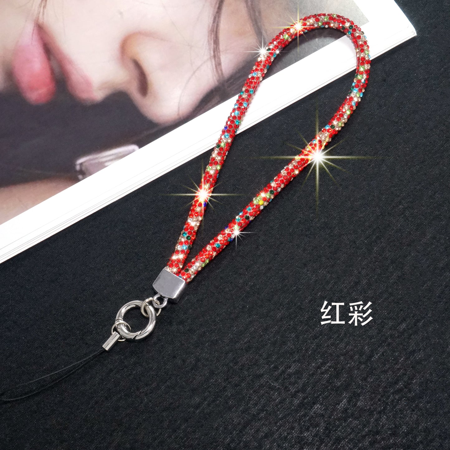 Red short diamond mobile phone lanyard