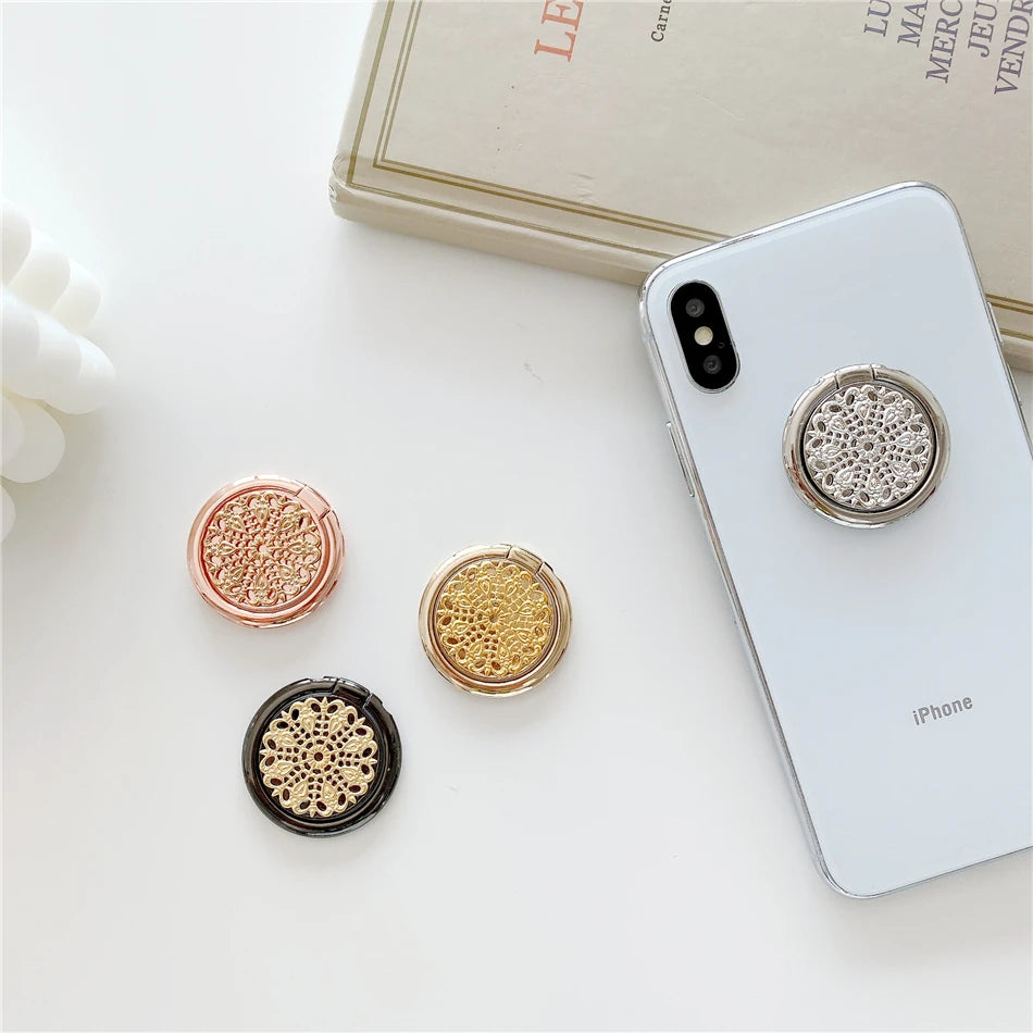 Retro universal hollow gold and silver flower metal ring mobile phone round bracket 3