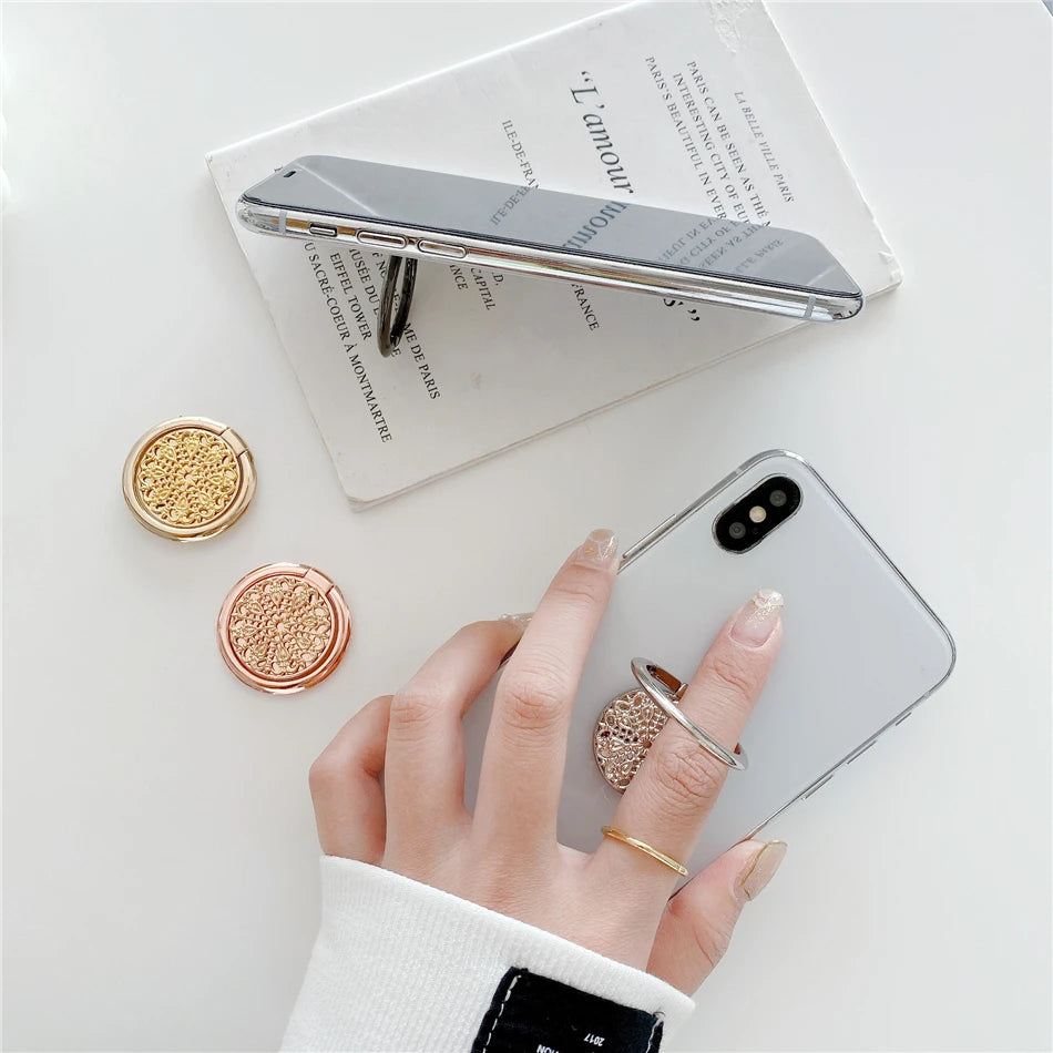 Retro universal hollow gold and silver flower metal ring mobile phone round bracket 4