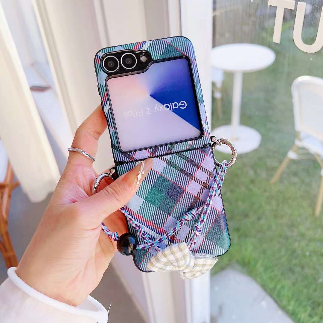 Samsung Zflip 6 side buckle blue and green color plaid mobile phone case