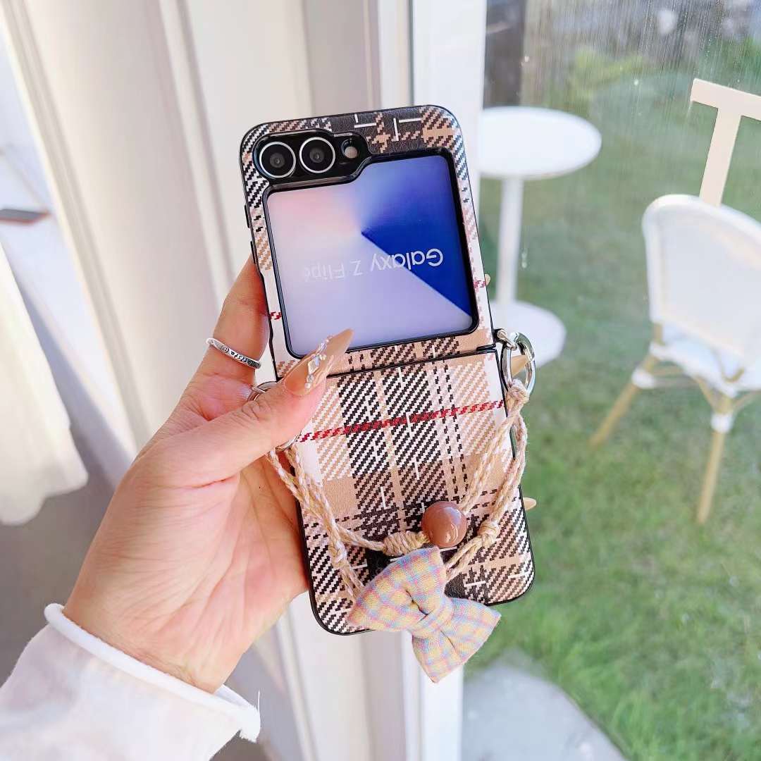 Samsung Zflip 6 side buckle coffee color plaid mobile phone case