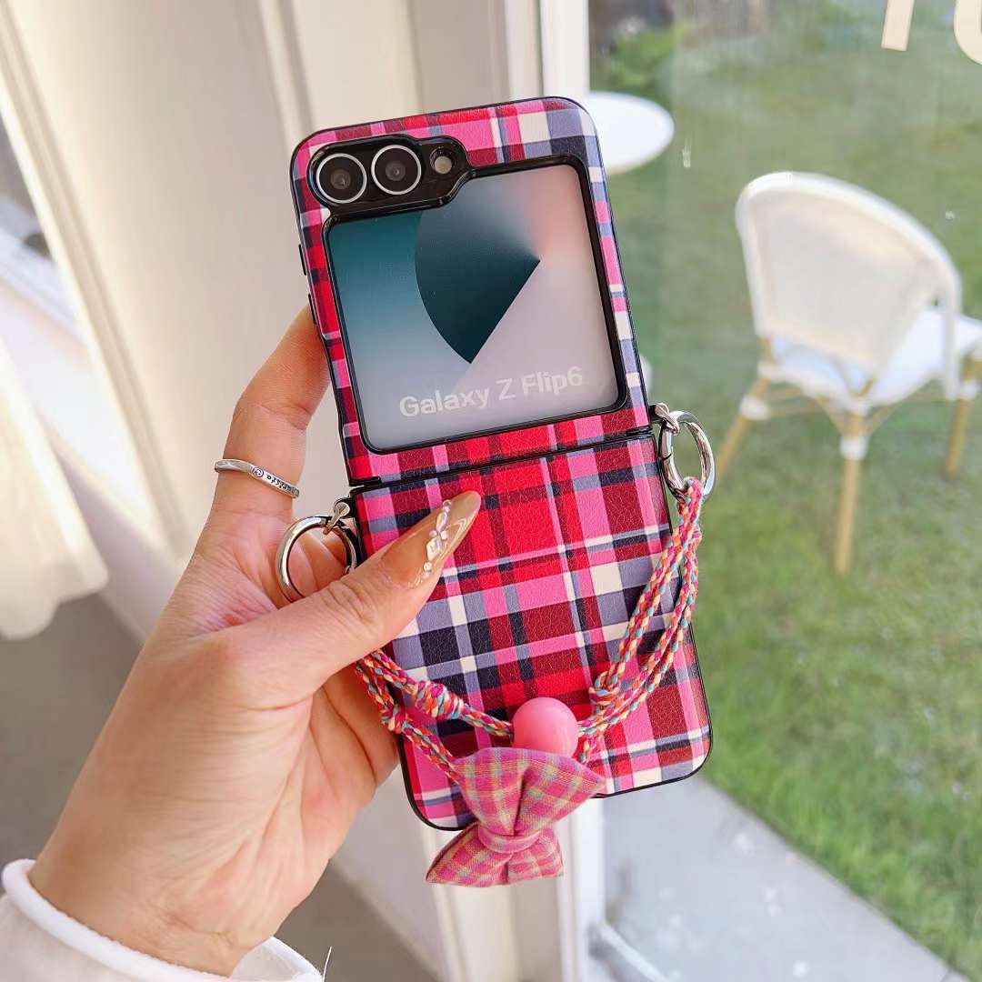 Samsung Zflip 6 side buckle red color plaid mobile phone case