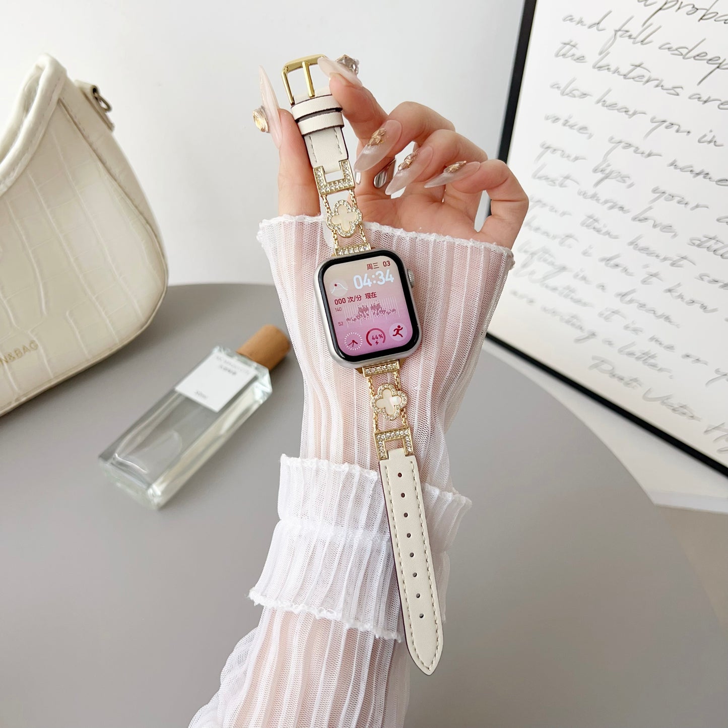 White Four-leaf clover with plain leather strap