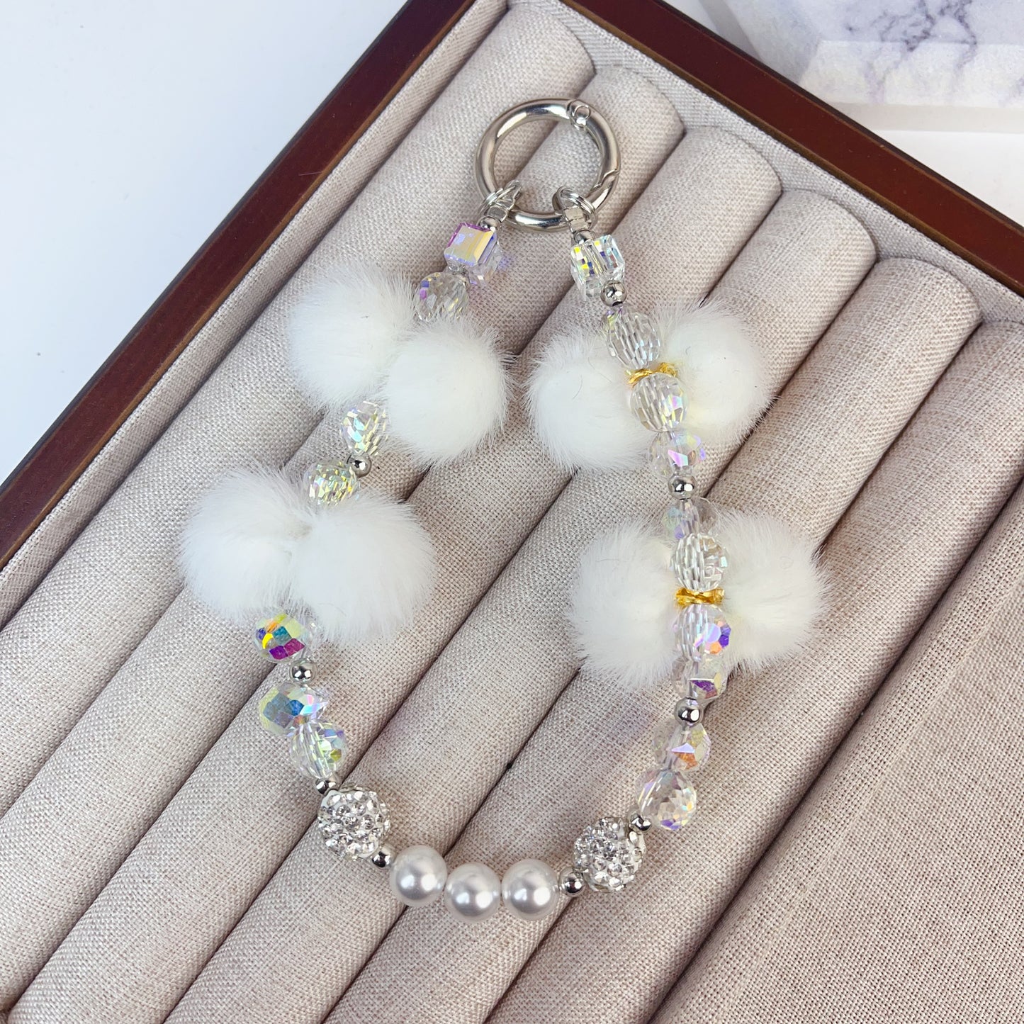 White Fur Ball Crystal Phone Strap