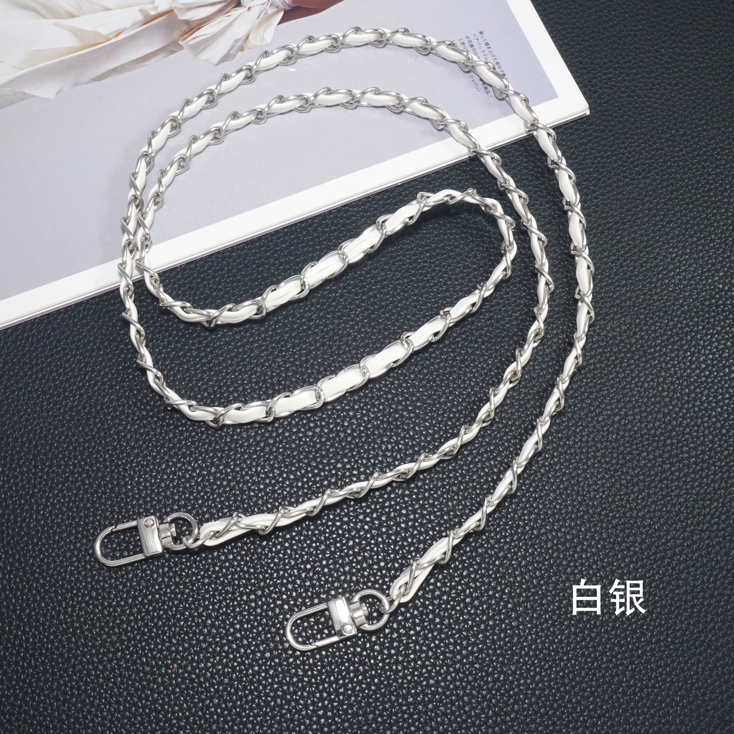 White and silver Chanel style mobile phone crossbody lanyard