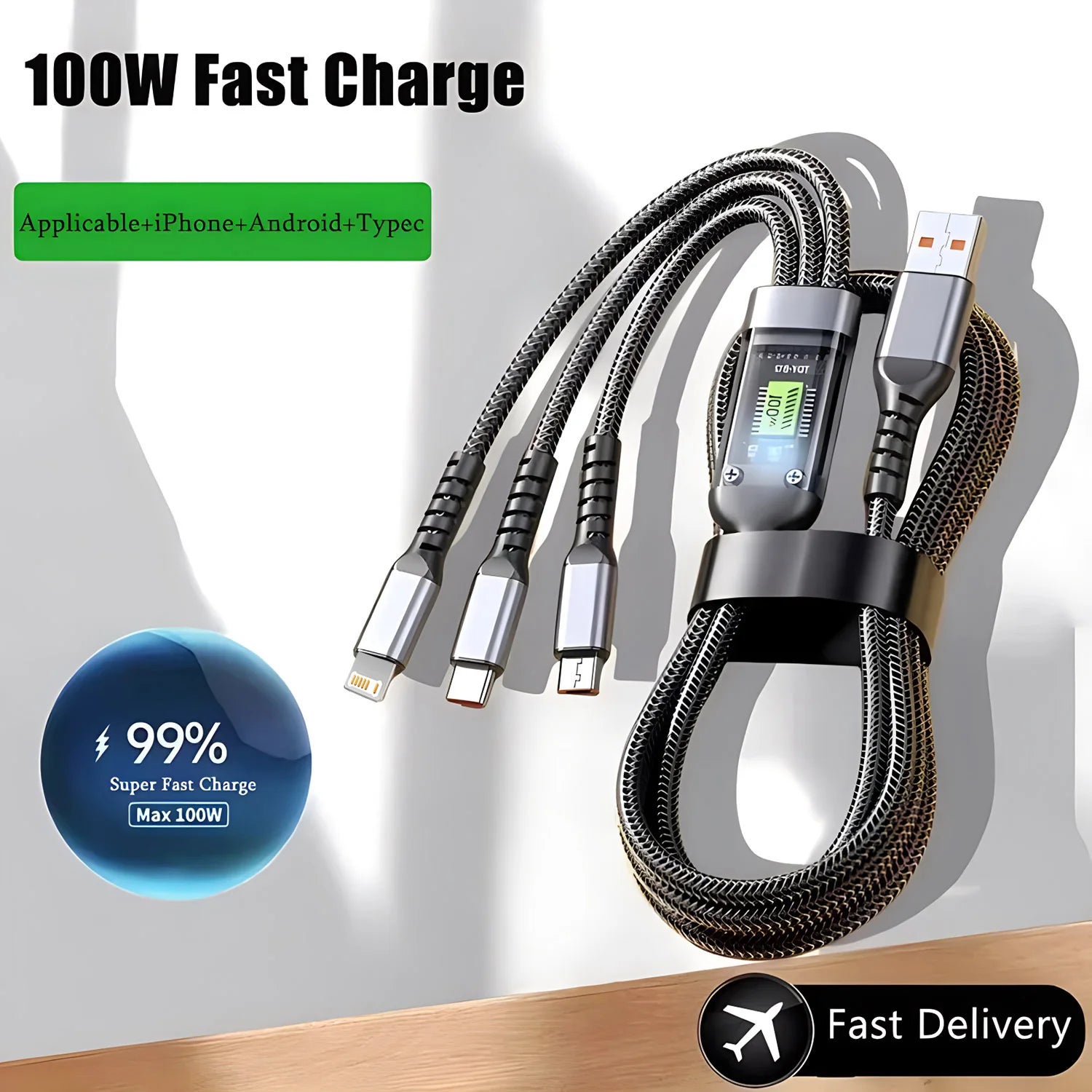 3 in 100W 5A Fast Charging USB to Type-C Micro Fast Charger Cable 4