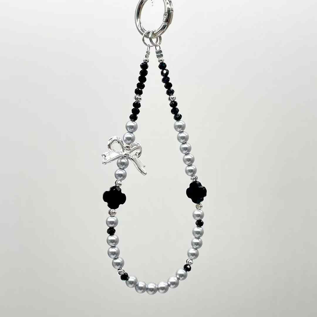 Black Four leaf clover pearl crystal mobile phone chain