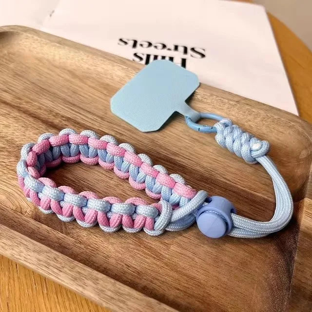 Blue and pink hand-woven mobile phone strap