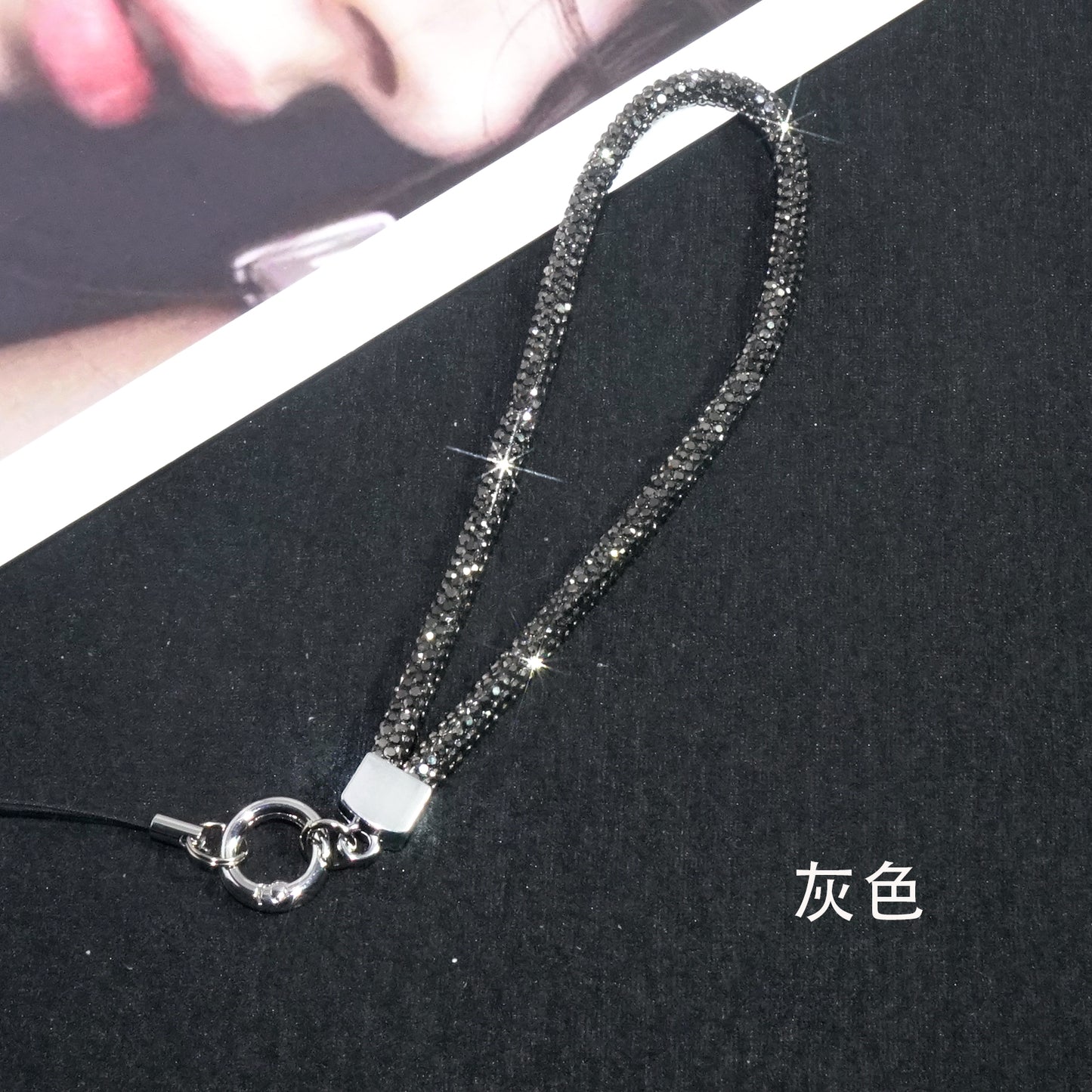 Grey short diamond mobile phone strap