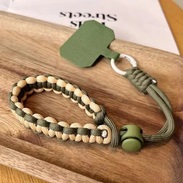 Light yellow and army green braided mobile phone strap