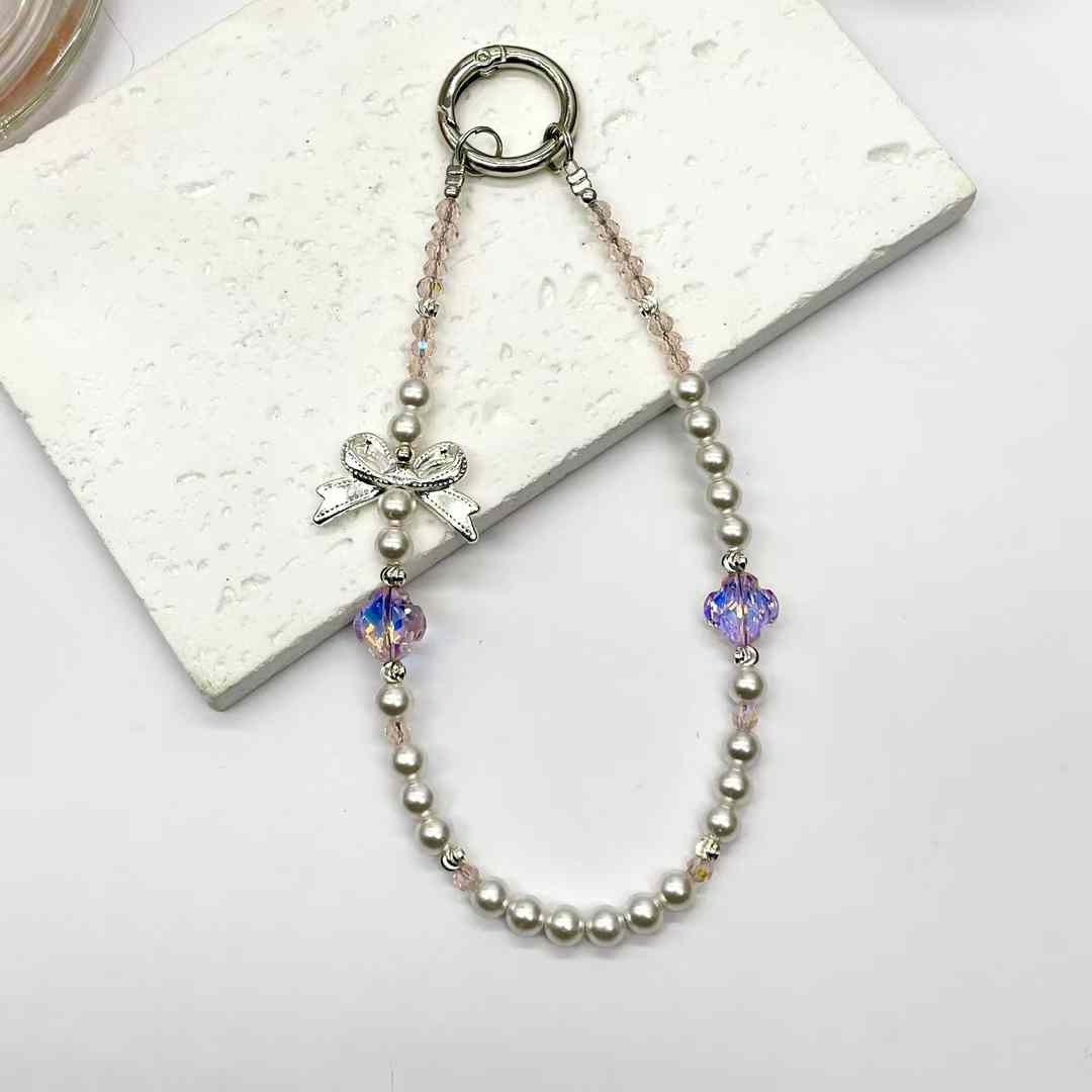 Pink four leaf clover pearl crystal mobile phone chain