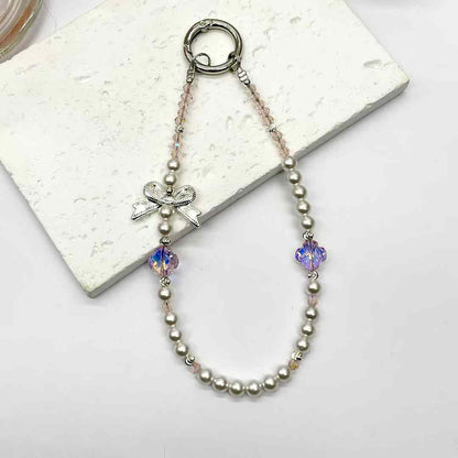 Pink four leaf clover pearl crystal mobile phone chain